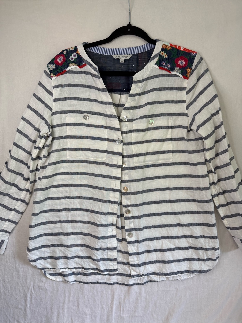John Mark 100% Linen White striped blouse w embroidered floral shoulder panels S